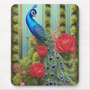 Blue Peacock in Rose and Fern Garden  Mouse Pad