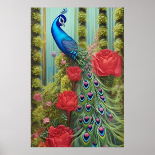 Blue Peacock in Rose and Fern Garden   Poster