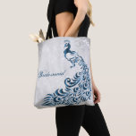 Blue Peacock Leaf Vine Bridesmaid Tote<br><div class="desc">Personalize a all over print bag for your bridesmaids with a Blue Peacock Leaf Vine Bridesmaid's Tote Bag. Tote design features a light grey grunge background with a vibrant blue peacock with a leaf vine embellishment. Personalize with the bridesmaid's name or keep the bridesmaid title. Additional wedding stationery and gifts...</div>