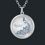 Blue Peacock Leaf Vine Necklace<br><div class="desc">Personalize a unique gift for your bridesmaids with a Blue Peacock Leaf Vine Necklace. Necklace design features a light grey grunge background with a vibrant blue peacock with a leaf vine embellishment. Personalize with the bridesmaid's name for a cherished reminder of your big day. Additional wedding stationery available with this...</div>