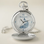 Blue Peacock Leaf Vine Personalized Pocket Watch<br><div class="desc">Personalize a unique gift for your Groomsmen with a Blue Peacock Leaf Vine Personalized Pocket Watch. Watch design features a light grey grunge background with a vibrant blue peacock with a leaf vine embellishment. Personalize with the groomsmen's name. Additional wedding stationery and gifts available with this design as well. Need...</div>