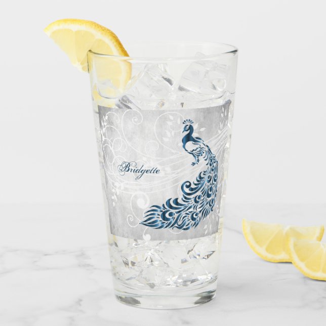Blue Peacock Personalized Glass Cup (Front Ice)