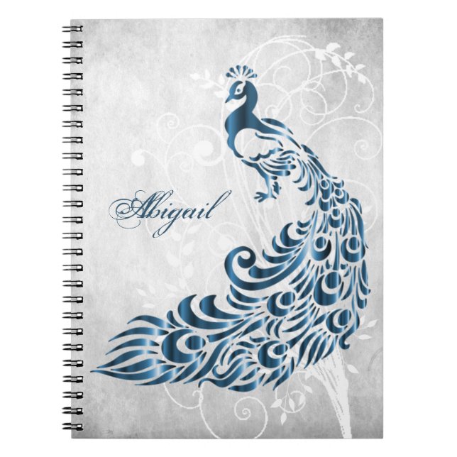 Blue Peacock Personalized Spiral Photo Notebook (Front)