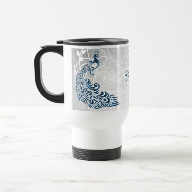 Blue Peacock Personalized Travel Mug (Left)