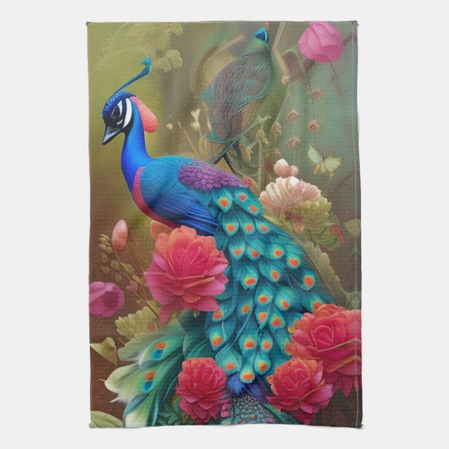 Blue Peacock, Pink Rose Garden  Kitchen Towel (Vertical)