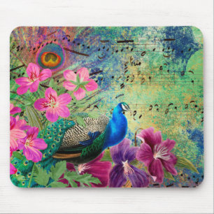 Blue Peacock Purple Pink Flowers Musical Notes Mouse Pad