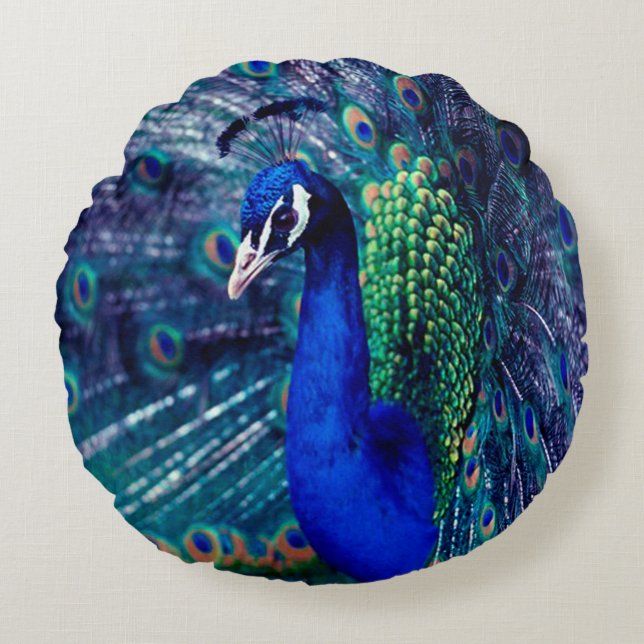 Blue Peacock Round Pillow (Front)