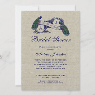 Blue Peacock Rustic Linen Bridal Shower Invitation