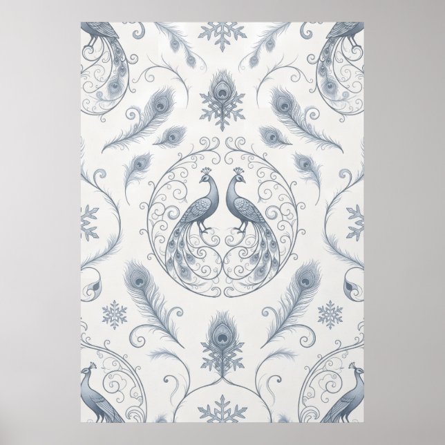 Blue Peacock Snowflake Winter Pattern Poster (Front)