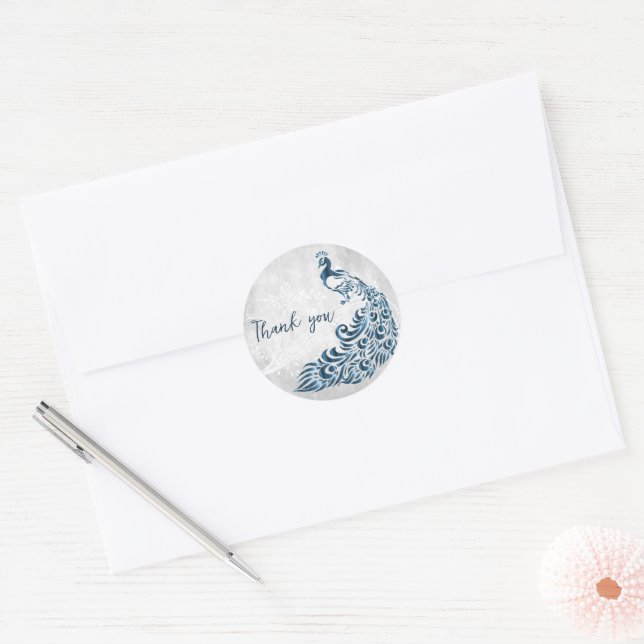 Blue Peacock Thank You Classic Round Sticker (Envelope)
