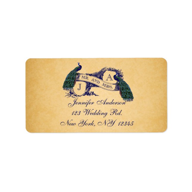 Blue Peacock Vintage Paper Wedding RSVP Label (Front)