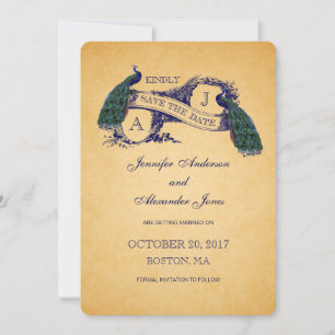 Blue Peacock Vintage Save the Date Announcement