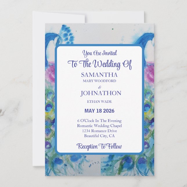 Blue Peacock Watercolor Flower Wedding Invitation (Front)
