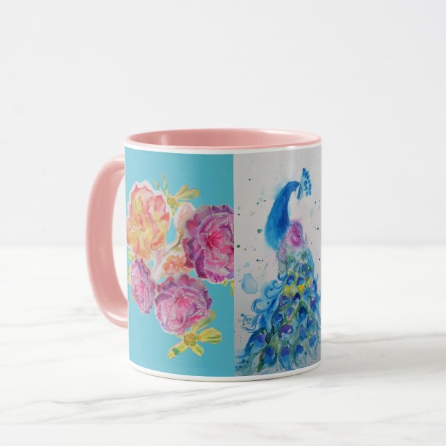 Blue Peacock Watercolor Painting Aqua Rose Mug (Front Left)