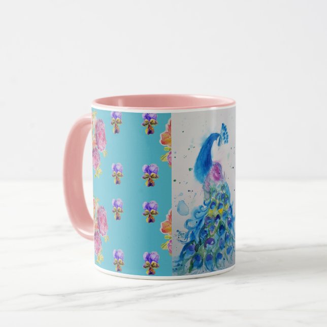 Blue Peacock Watercolor Painting Aqua Rose Mug (Front Left)