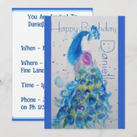Blue Peacock Watercolour Birthday Invitation