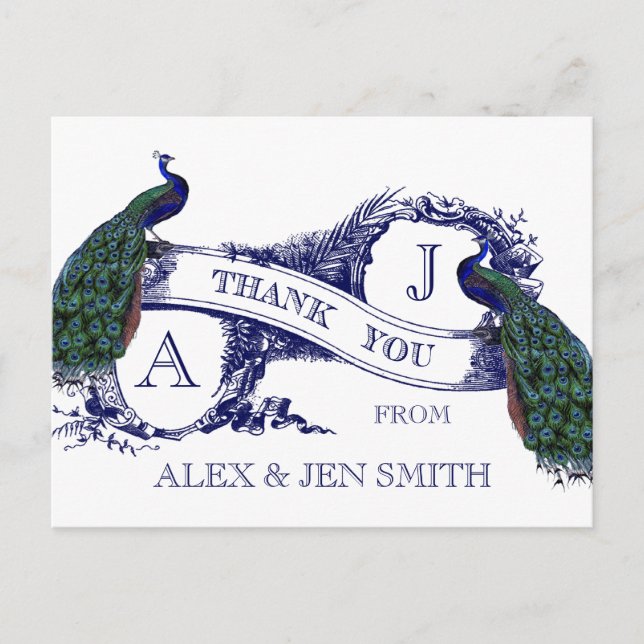 Blue Peacock Wedding Thank You Postcard (Front)