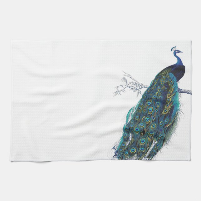 Blue Peacock with beautiful tail feathers Kitchen Towel (Horizontal)