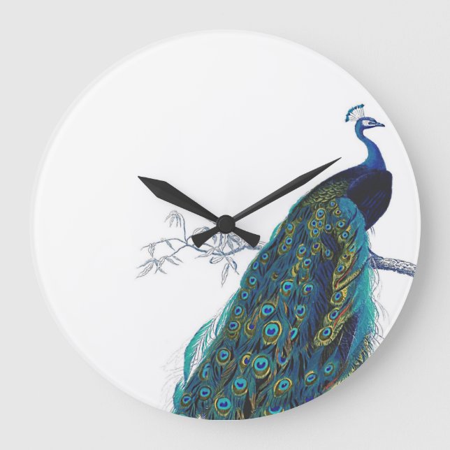 Blue Peacock with beautiful tail feathers Large Clock (Front)