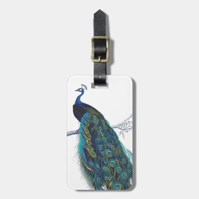 Blue Peacock with beautiful tail feathers Luggage Tag (Front Vertical)