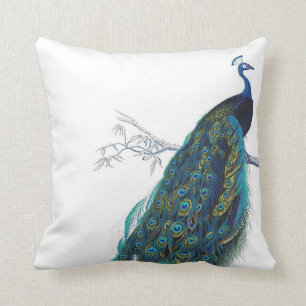Blue Peacock with beautiful tail feathers Throw Pillow