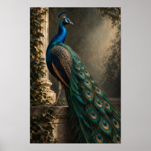 Blue Peacock with Emerald Tail Feathers Wildlife W Poster