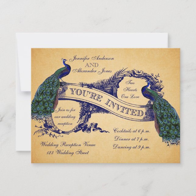 Blue Peacocks Vintage Mariage Réception Invitation (Devant)