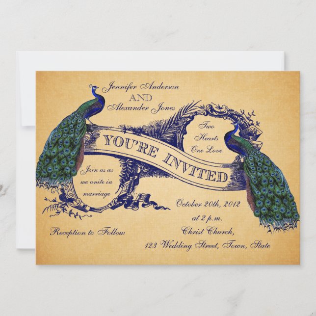 Blue Peacocks Vintage Wedding Invitations (Front)