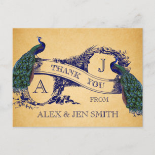 Blue Peacocks Vintage Wedding Thank You Postcard