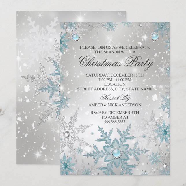 Blue Pearl Crystal Snowflake Christmas Party Invitation (Front/Back)