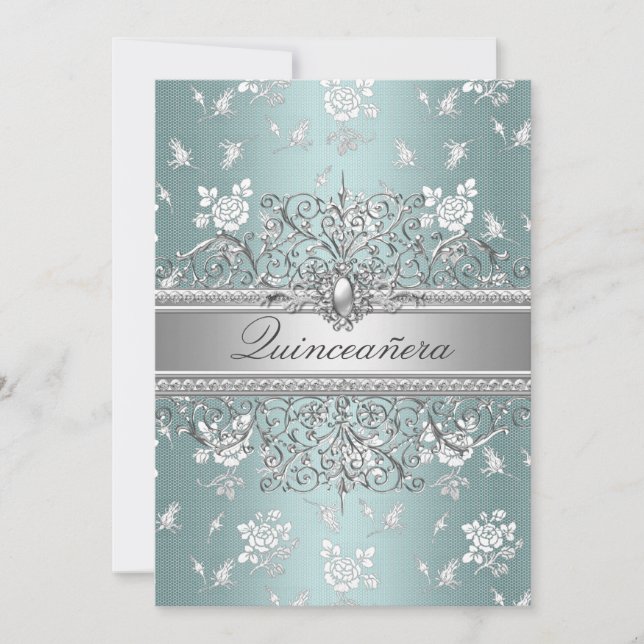 Blue Pearl & Rose Quinceanera Announcements (Front)