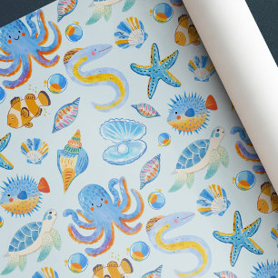 Blue Pearl Sea Creatures Birthday Baby Shower Wrapping Paper