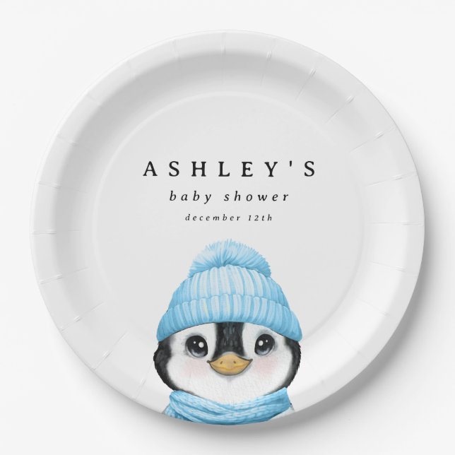 Blue Penguin Winter Baby Shower Paper Plate (Front)