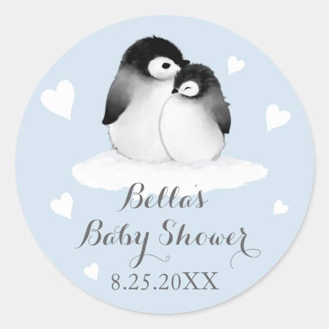 Blue Penguins Baby Shower Stickers (Front)