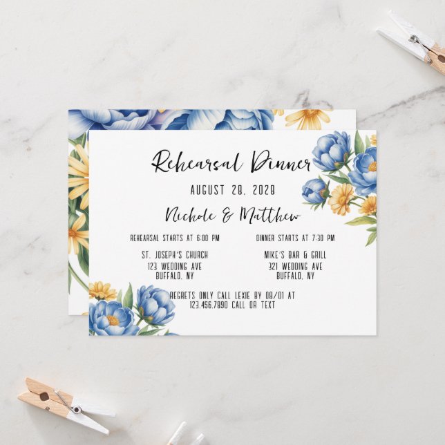 Blue Peonies and Yellow Daisies Rehearsal Dinner Invitation (Front/Back In Situ)