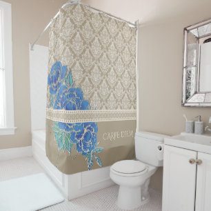 BLUE PEONIES & DAMASK ~ Shower Curtain
