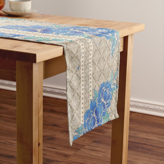 BLUE PEONIES & DAMASK ~ Table Runner (In Situ)