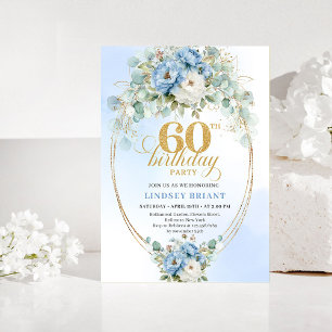 Blue Peonies Eucalyptus 60th Birthday Invitation