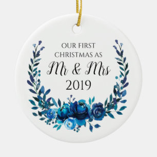 Blue Peonies First Christmas as Mr & Mrs Ceramic Ornament