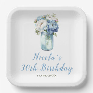 Blue Peonies Mason Jar Birthday Paper Plate