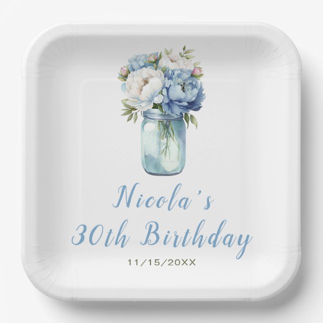 Blue Peonies Mason Jar Birthday Paper Plate (Front)