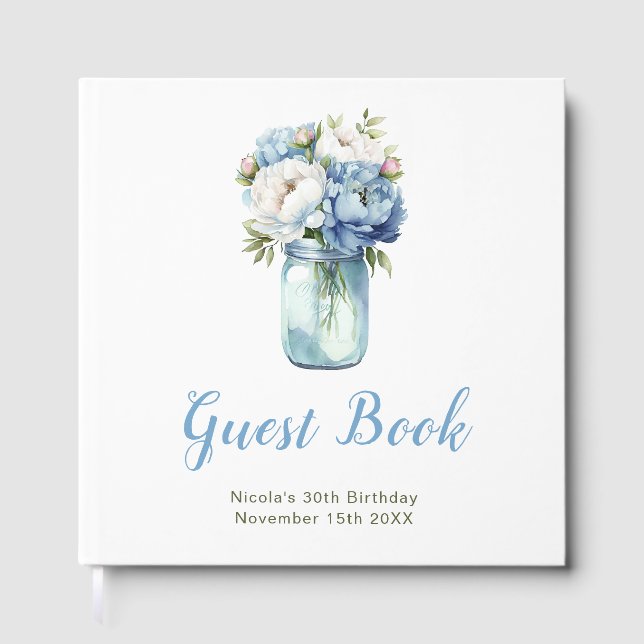Blue Peonies Mason Jar Birthday Party Guest Book (Front)