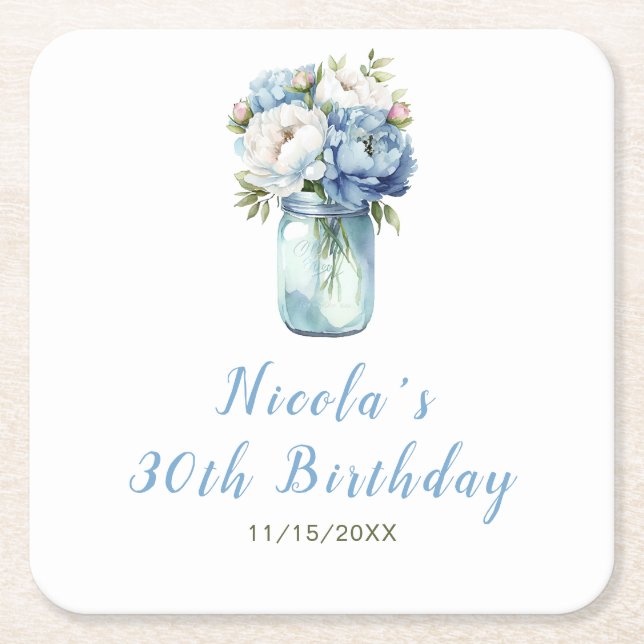 Blue Peonies Mason Jar Birthday Square Paper Coaster (Front)
