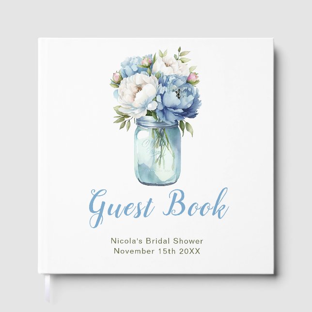 Blue Peonies Mason Jar Bridal Shower Guest Book (Front)