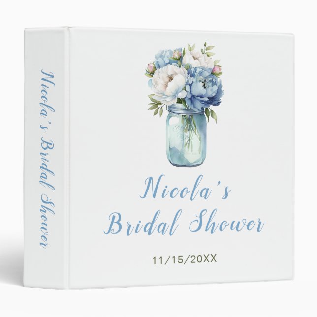 Blue Peonies Mason Jar Bridal Shower Photo Album Binder (Front/Spine)