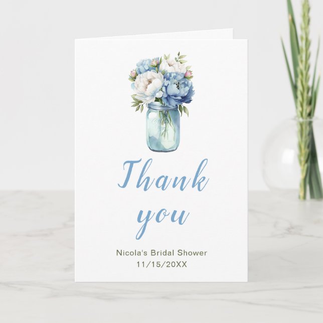 Blue Peonies Mason Jar Bridal Shower Thank You Card (Front)