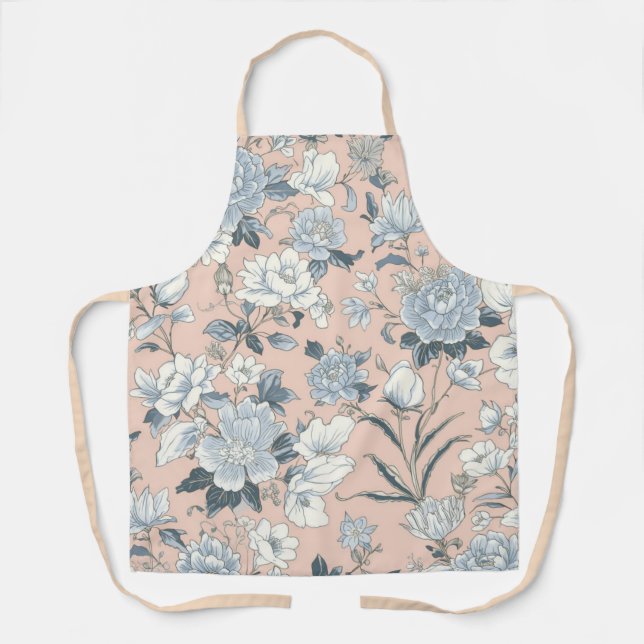 Blue Peonies Peach Botanical Vintage Floral Apron (Front)