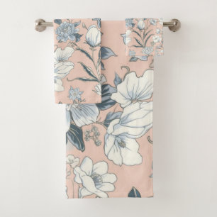 Blue Peonies Peach Botanical Vintage Floral Bath Towel Set