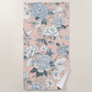 Blue Peonies Peach Botanical Vintage Floral Beach Towel