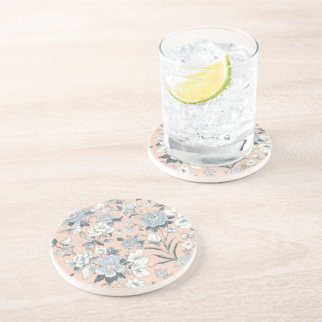 Blue Peonies Peach Botanical Vintage Floral Coaster (Side)